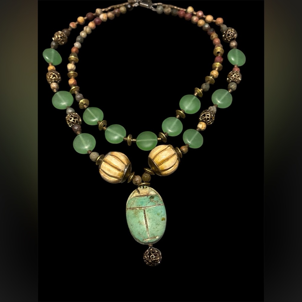 Artisan Green and Gold Beaded Necklace - Picture 6 of 8